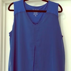 Chico’s blue sleeveless top with sheer overlay
